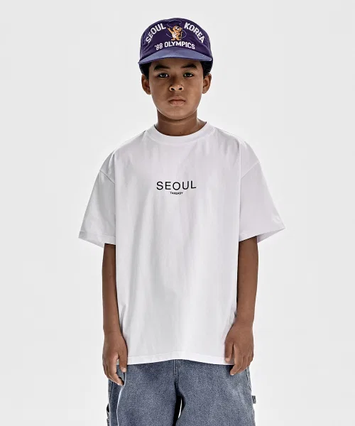 Детская футболка оверсайз с принтом Seoul Giant Fit Tシャツ White TAKEASY KIDS, Белый — фото 2