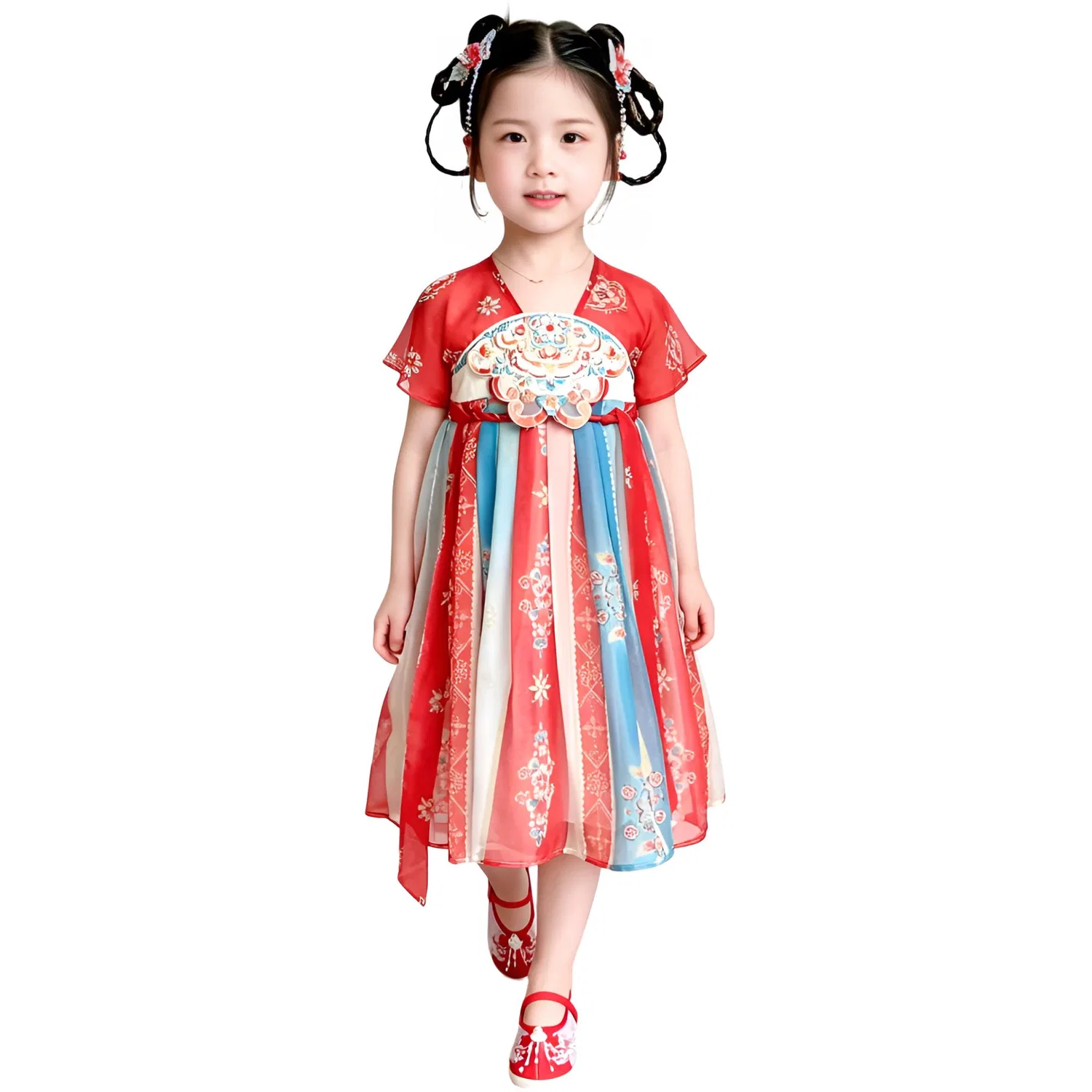 Детский ханьфу с V-образным вырезом, средней длины юбка, Kids Hanfu V Neck Moderate Midi Skirt Non Stretch, TNTX
