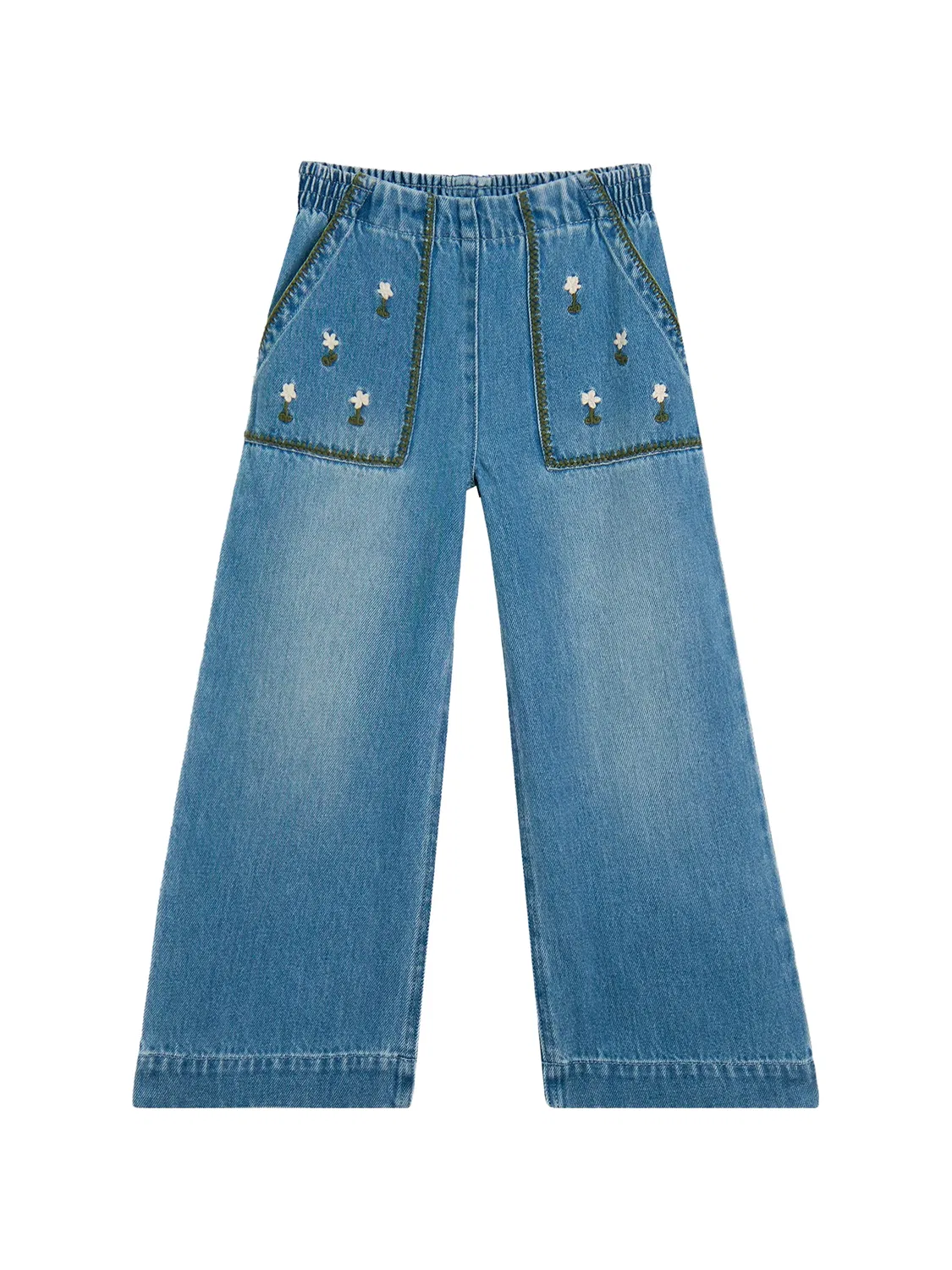 Джинсы с широкими штанинами, вышитые цветами Stella Mccartney Kids, синий