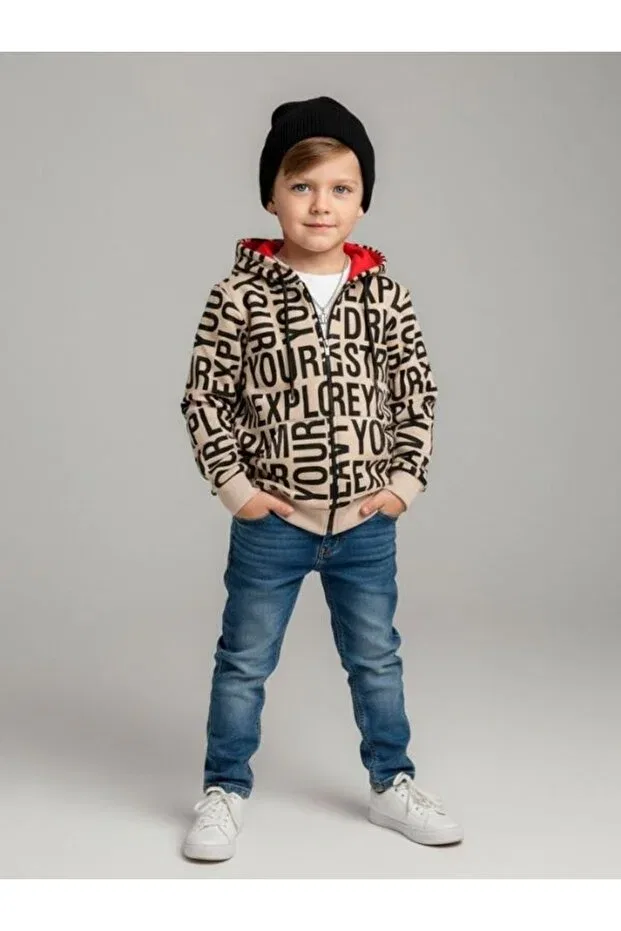 Детский кардиган с принтом для мальчиков Letter Printed Zekids, Beige