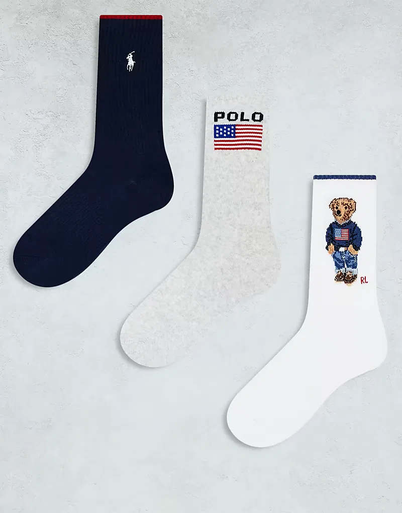 Набор из 3 пар носков Polo Ralph Lauren с изображением медведя, логотипа и флага, мультиколор