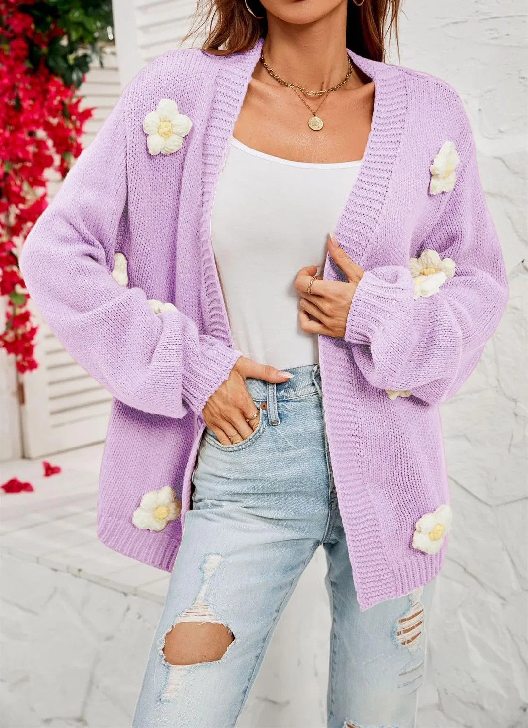 Женский кардиган с цветочным принтом, укороченный, с открытым передом, Vintage Preppy Aesthetic, purple — фото 2