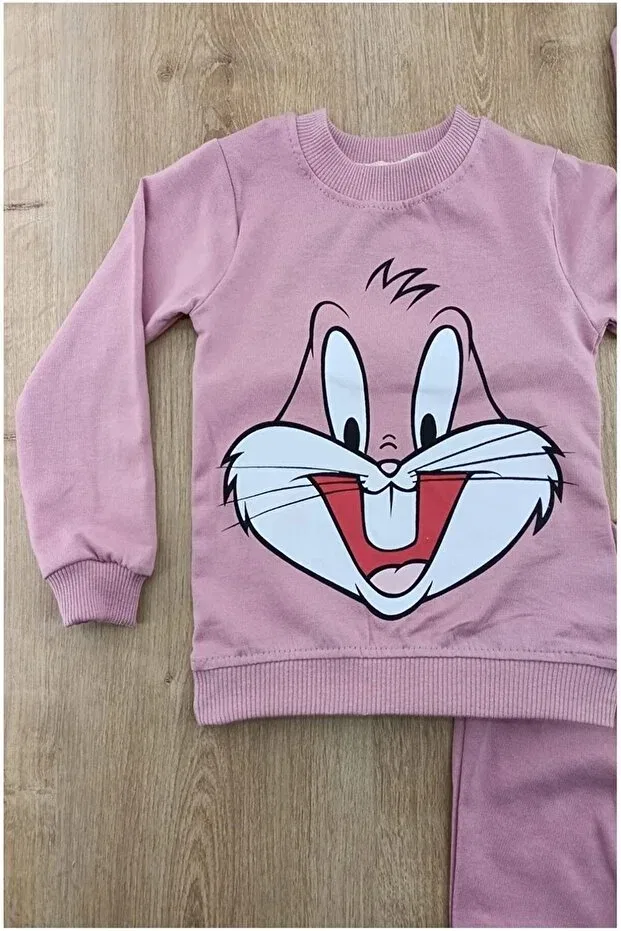 Детский комплект спортивного костюма с принтом для девочек Dried Rose Rabbit Patterned Dubi Baby, Rose Dry — фото 2