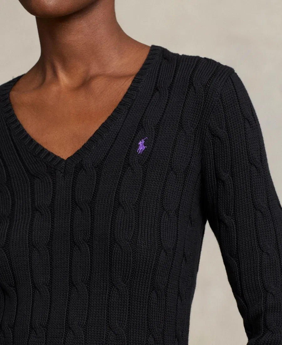 Свитер женский с V-образным вырезом, кабельной вязки, хлопковый Polo Ralph Lauren, Polo Black — фото 3