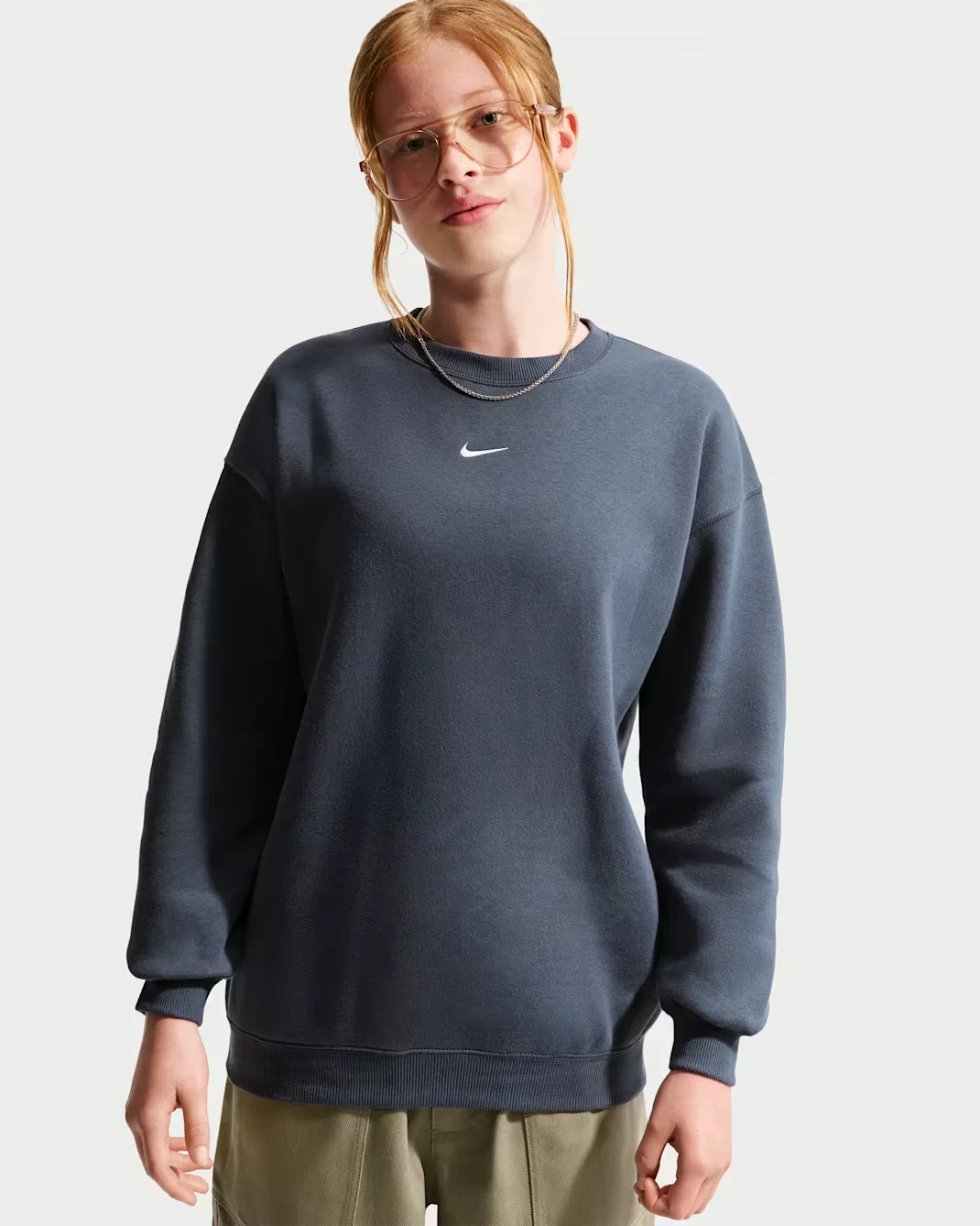 Детская толстовка оверсайз с круглым вырезом для девочек (подростков) Nike Sportswear Studio, Thunder Blue/White — фото 3