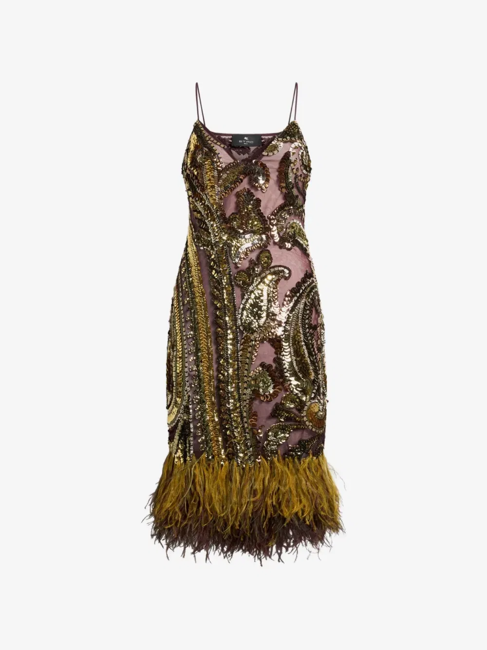 Платье с пайетками и страусиными перьями ETRO, золотой