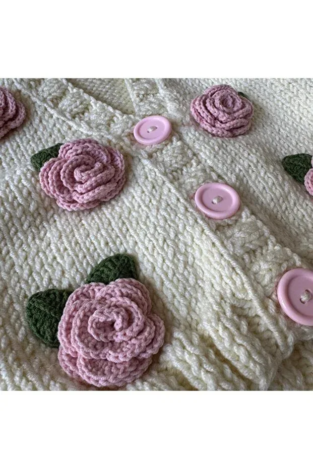 Детский кардиган для девочек с принтом Rose crop Children's Cardigan Hand Knitted Baby Cardigan Baby Gift Alize Home, Цвет Ecru — фото 4