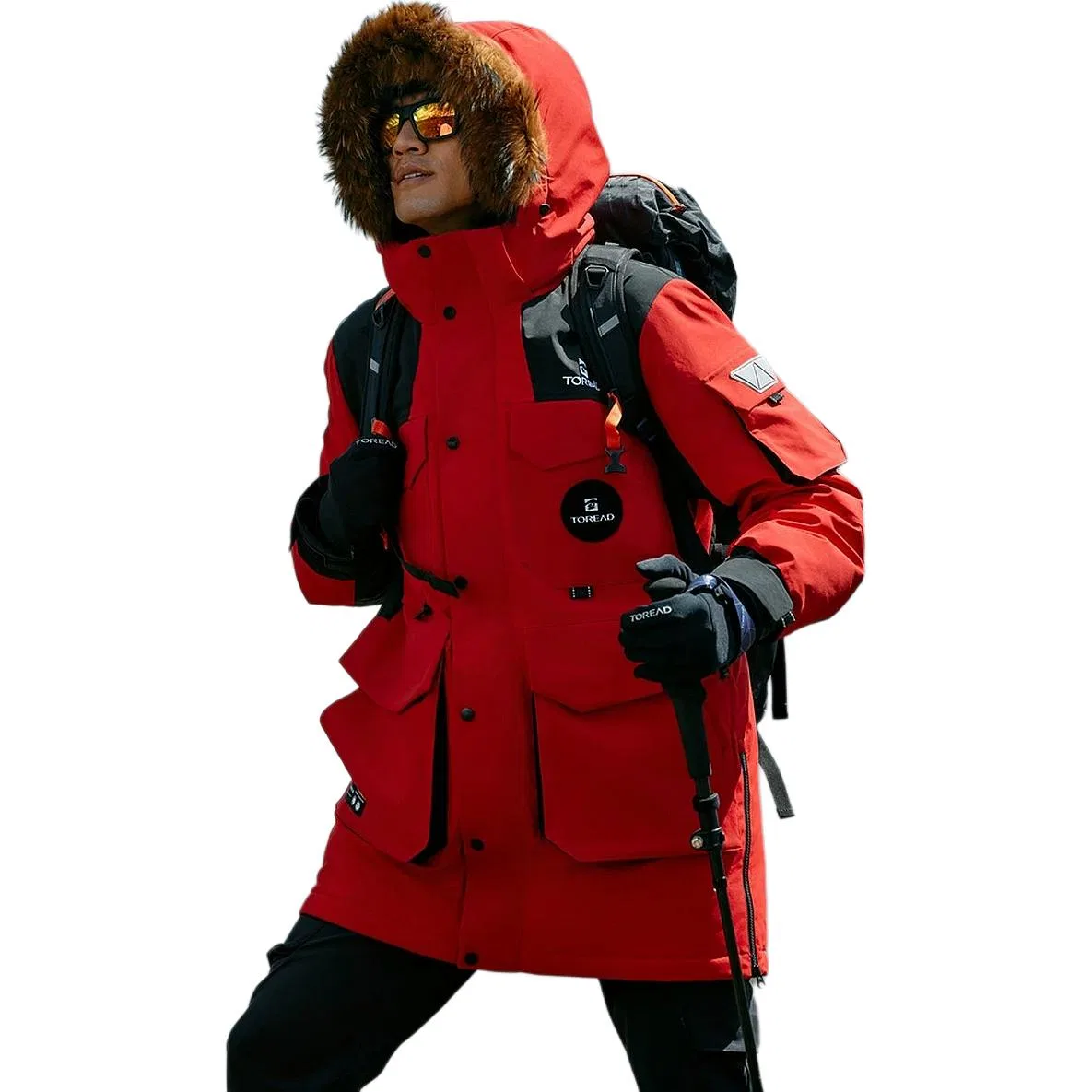 Детский пуховик с капюшоном умеренный парка TOREAD, Flame Red Black