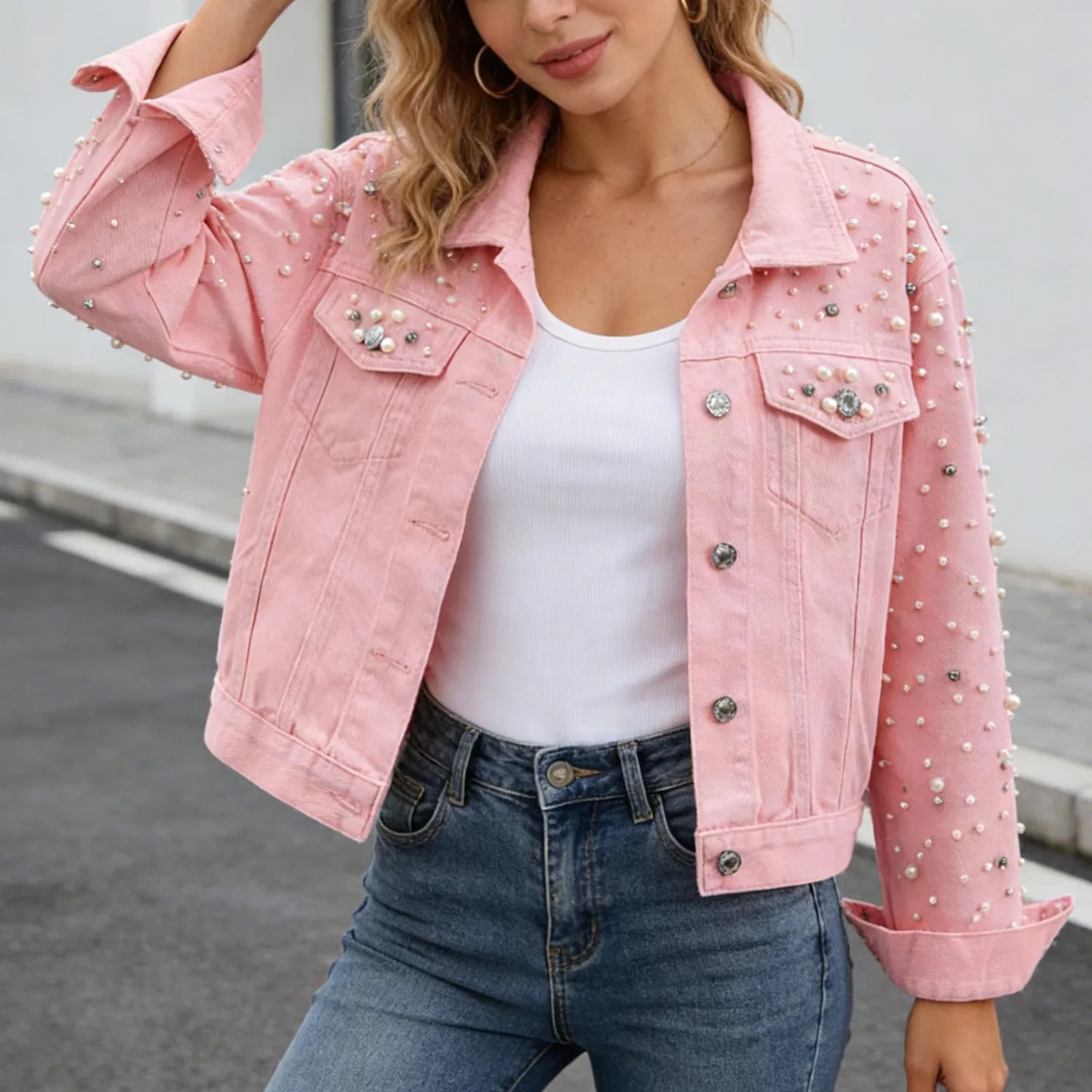 Женское джинсовое пальто с декором из страз Chrome Pearl Rhinestone, Rosa — фото 3