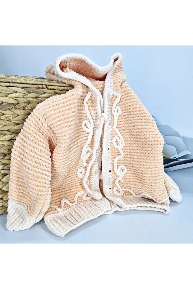 Детский кардиган для девочек с капюшоном Hand Knitted Hooded Velvet Girl's Cardigan Evitle, Salmon