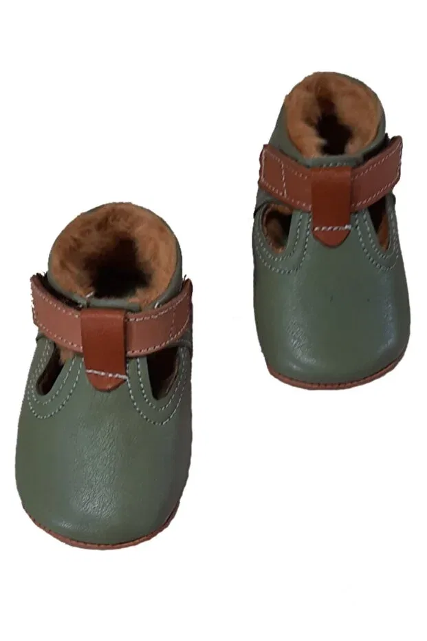 Детские ботиночки для новорожденных с меховым воротником First step furry baby booties Kapar, Khaki — фото 2