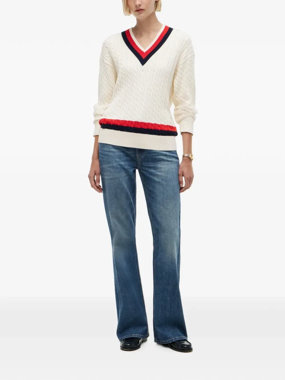 Вязаный свитер в косичку с полосатой отделкой Tommy Hilfiger, бежевый — фото 2