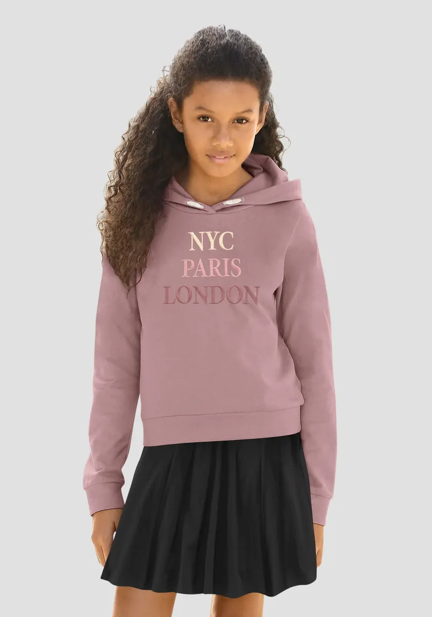 

KIDSWORLD толстовка с капюшоном "NYC Paris London", с вышивкой, розовый