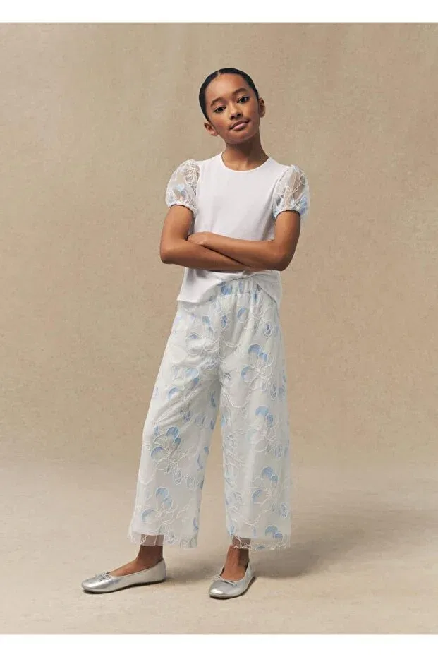 Детские брюки для девочек из тюля Embroidered tulle pants Mango Kids, Off White