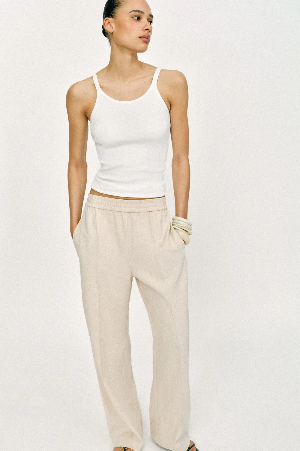 Прямые брюки из льна ZARA, Light Beige — фото 3