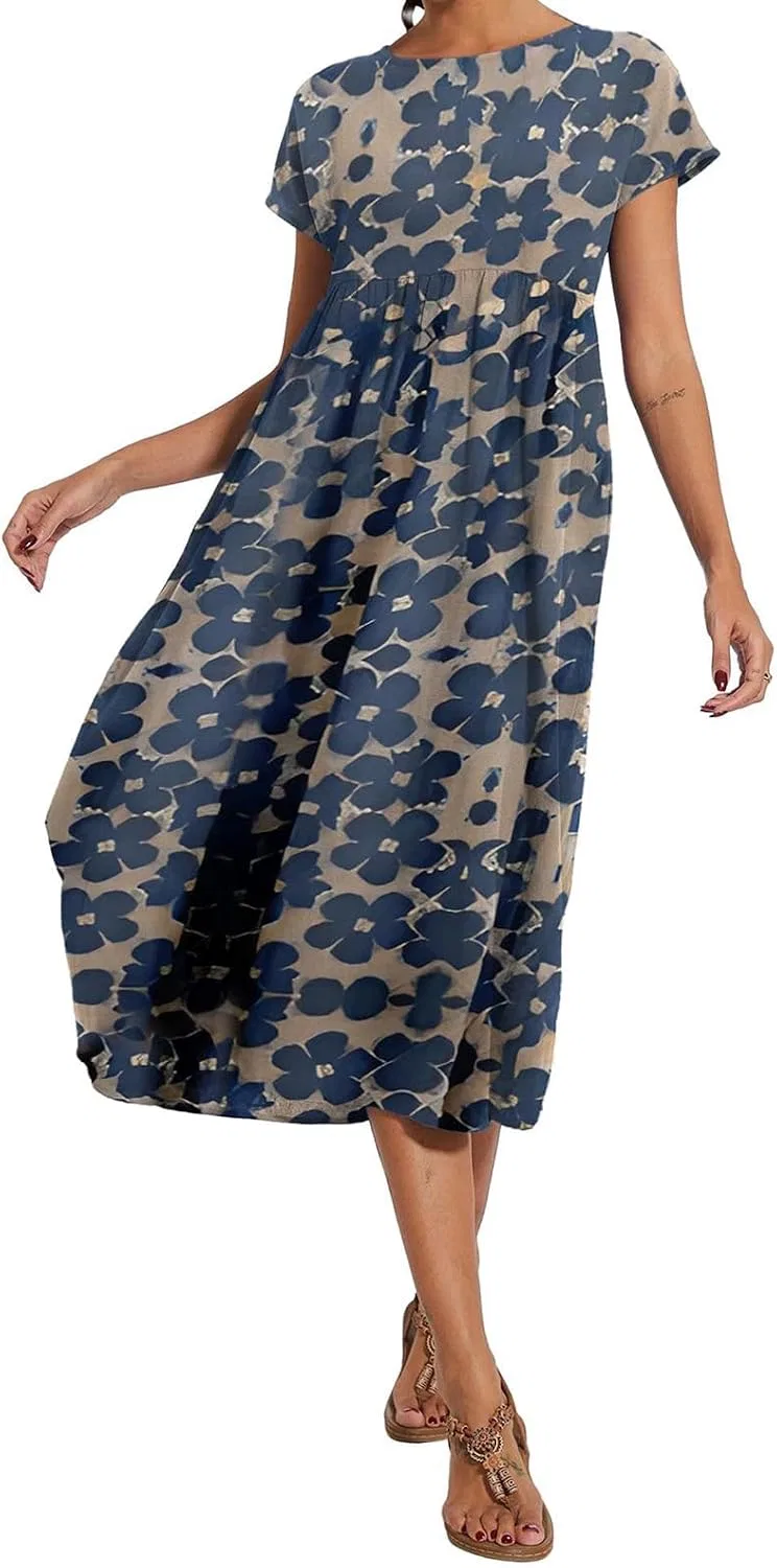 Женское свободное платье-туника миди с карманами Cotton Linen, Blue — фото 2