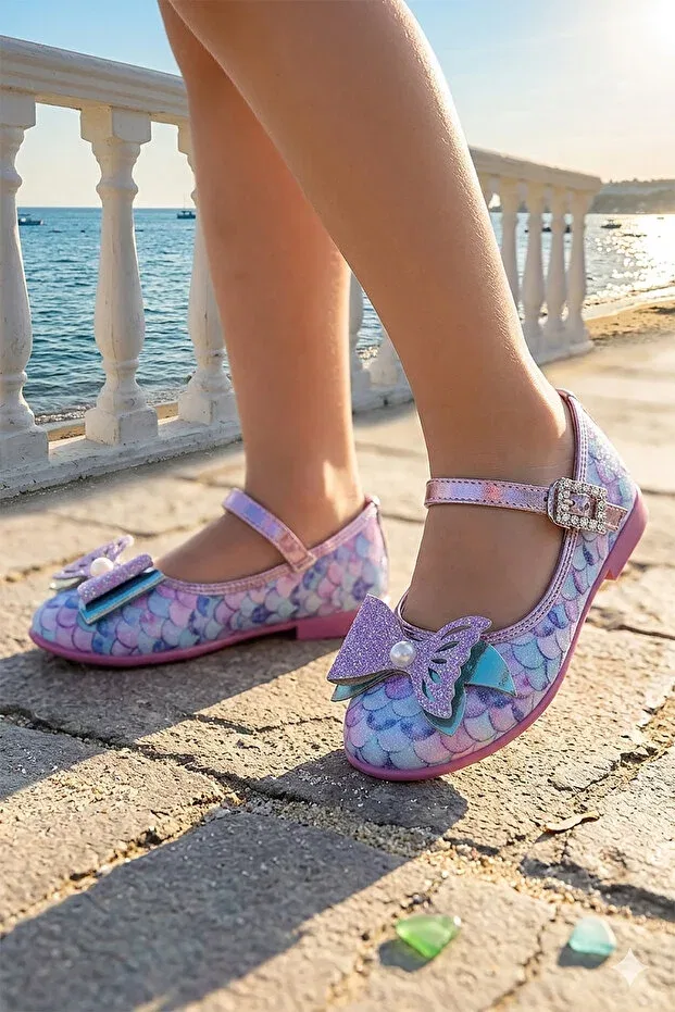 Детские балетки для девочек с принтом Shiny Mermaid Evening Dress Baby Girl/Child Ballerina Shoes Kiko Kids, Lilac — фото 3
