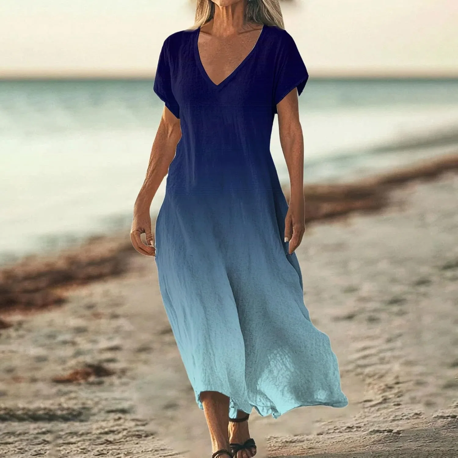 Женское летнее платье макси с V-образным вырезом Cotton Linen, Light Blue — фото 2
