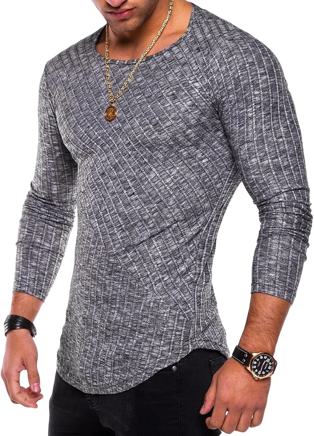Свитер с круглым вырезом, Slim Fit, Generic, L, Darkgray