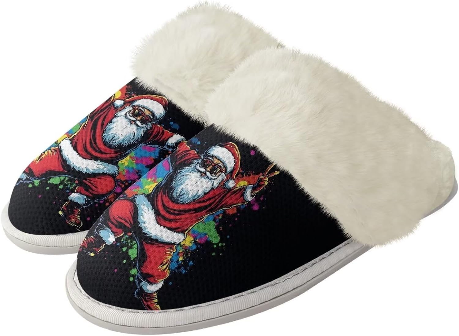 

Тапочки Srengjodk Slip-On для дома, тапочки для женщин и мужчин, фланелевые хлопковые тапочки с меховой отделкой, унисекс, размеры 36-47, Funny Santa Print Design