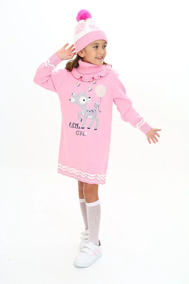 Детское платье для девочек с принтом 3-предметный набор Balloon Gazelle Patterned Beret And Scarf Sevimli, Candy Pink