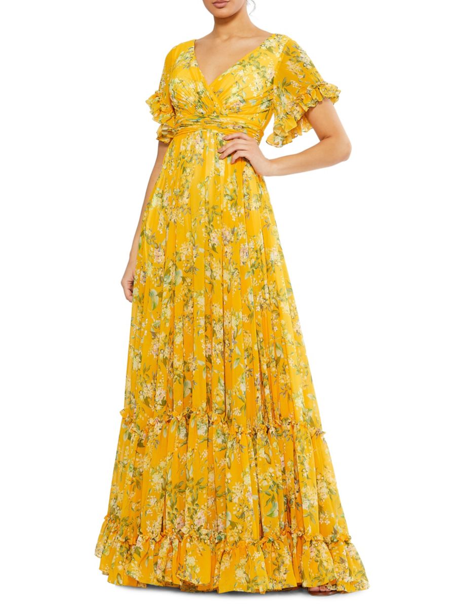 

Платье макси с цветочным принтом и воланами Mac Duggal, цвет Yellow Multi