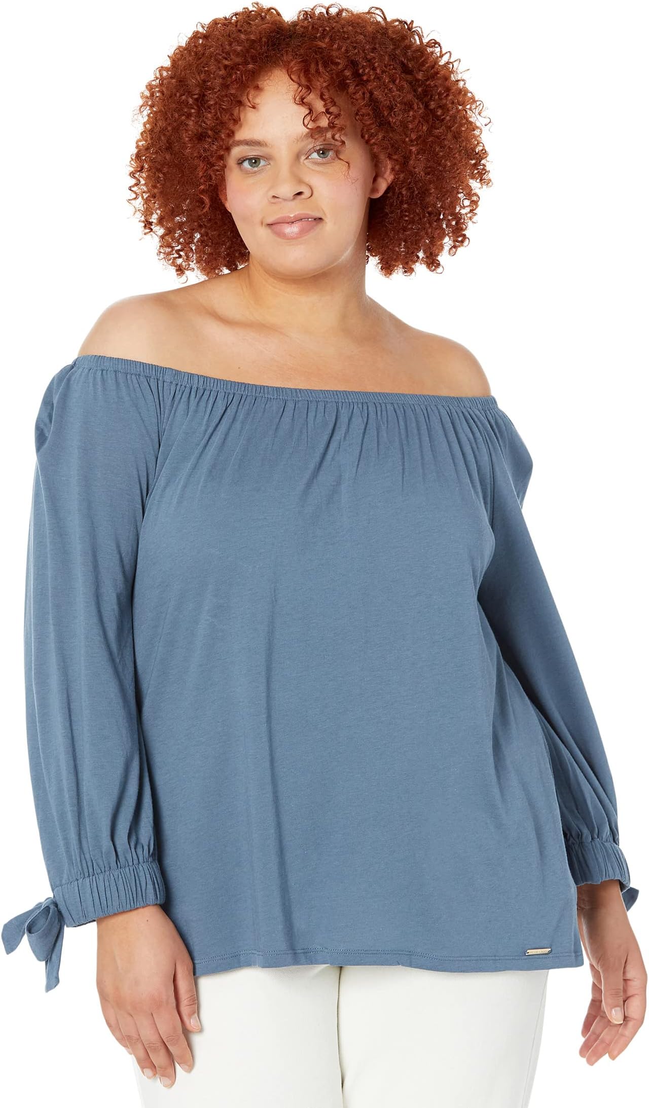 

Топ MICHAEL Michael Kors Plus Size Tie Sleeve Peasant Top, цвет Dark Chambray
