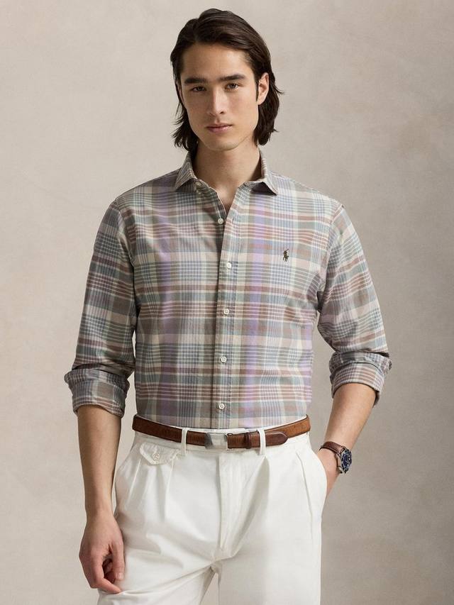 

Хлопковая поло рубашка Custom Slim Fit в клетку Oxford Ralph Lauren, Khaki Green Multi