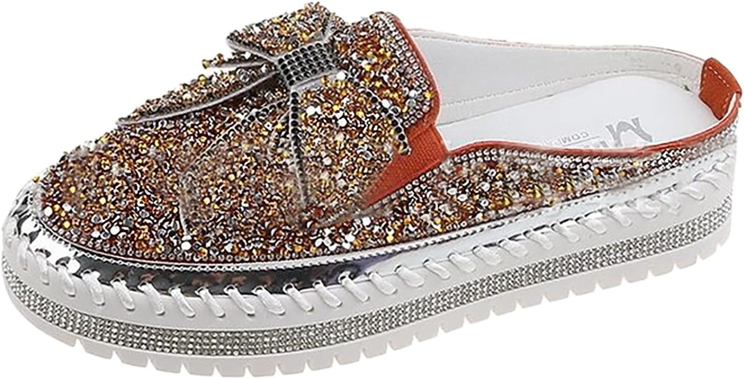 

Женские слипоны-мюли Hbeylia с пайетками и стразами, дизайн с бантом, платформа на танкетке, дышащие тапочки, обувь для походов, работы, для медсестры, на массивной плоской подошве, сандалии для прогулок, оранжевый