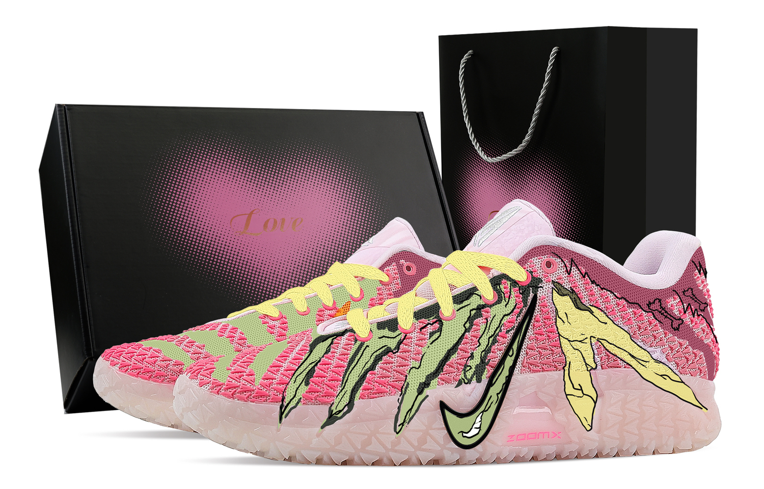 

Nike Ja Morant 3 Fluorescent Bizarre, Heart Box Rebound Grip Low top Basketball Shoes Men's Pink Green