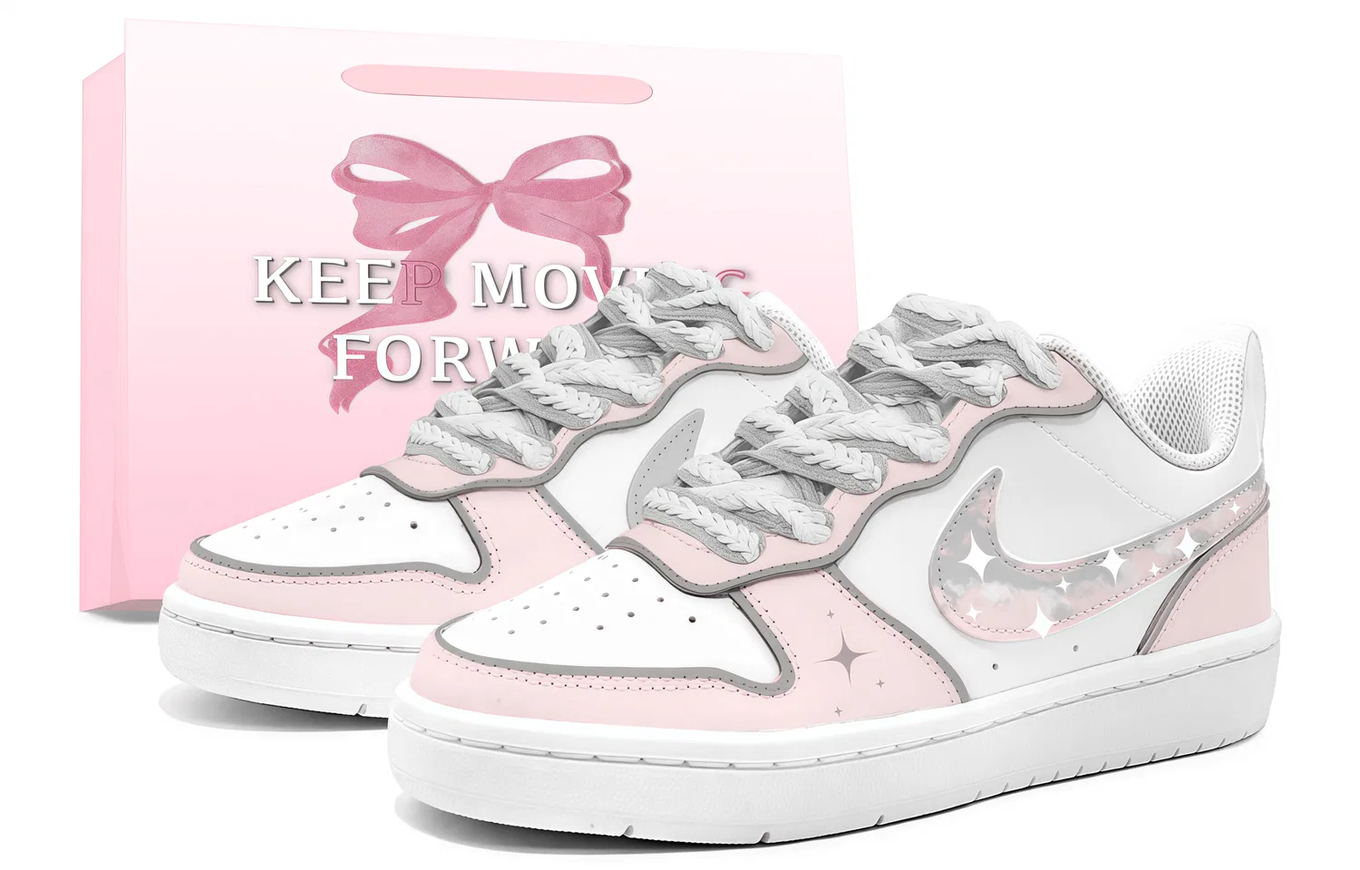 Детские кеды для скейтбординга с принтом Court Borough Kids' Skateboarding Shoes Nike, Gray Pink-Bowknot Shopping Bag