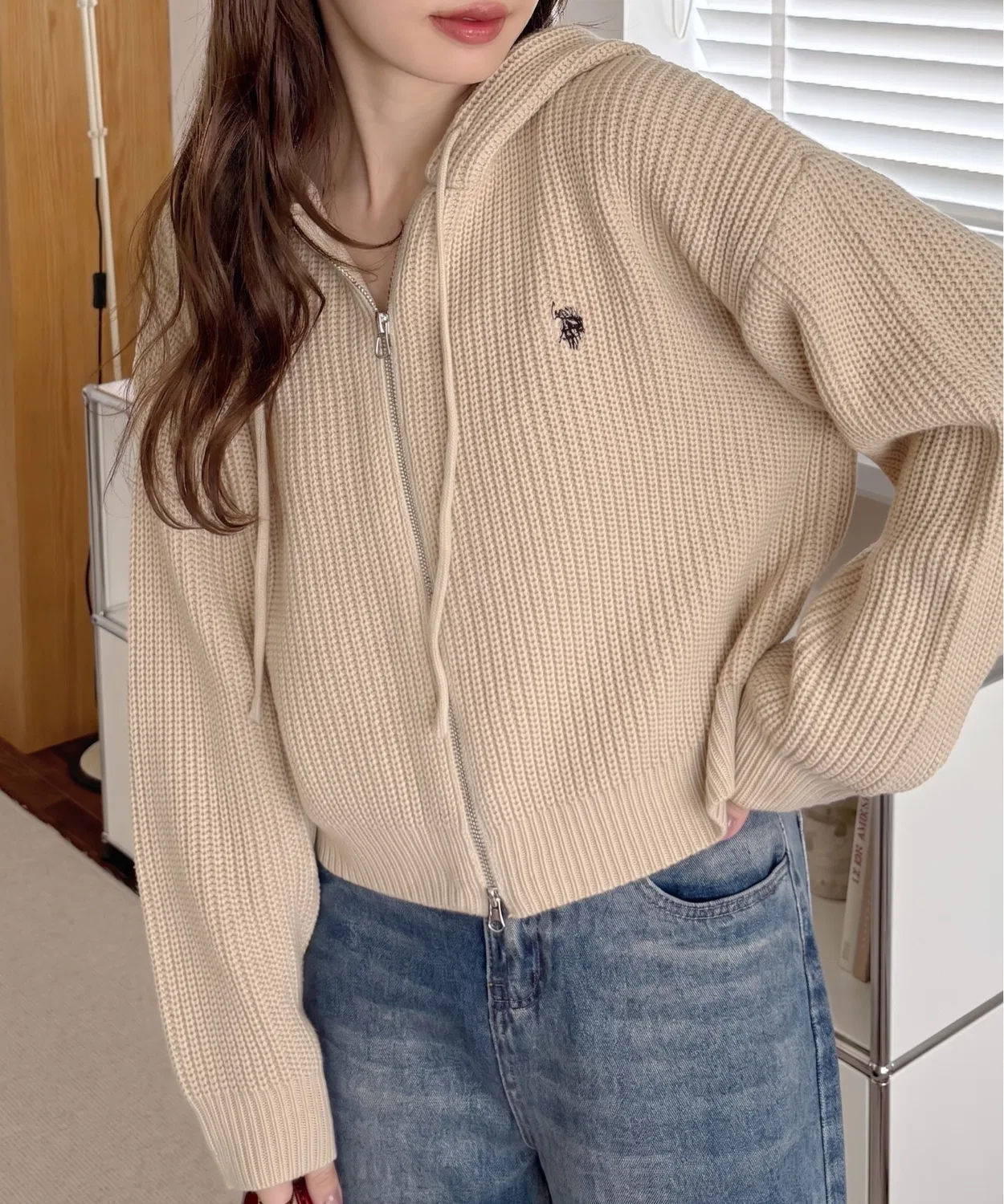 Женский укороченный кардиган-худи с двойной молнией U.S. POLO ASSN., Ivory
