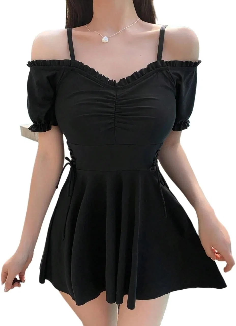 Женское платье короткий рукав с кружевом и оборками, Black — фото 2