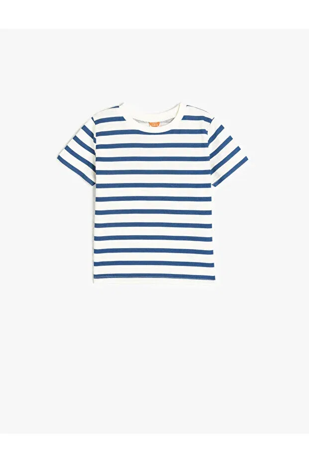 Детская футболка с принтом Striped Crew Neck Short Sleeve Cotton T-Shirt Koton, Ecru Striped