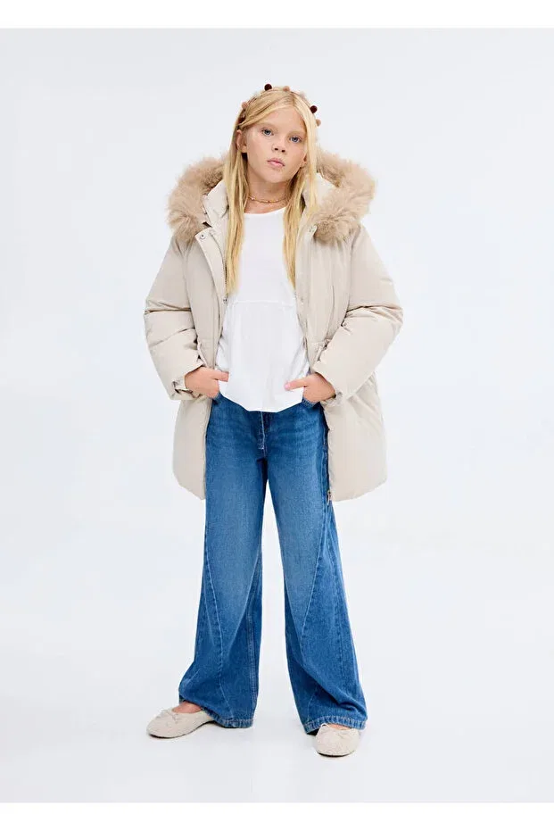 Детское пальто для девочек с капюшоном из искусственного меха Mango Kids, Ekrü