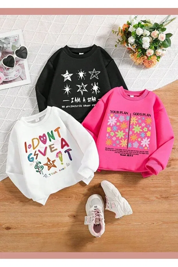 Детские свитшот для девочек с принтом 3-Piece set black-white-pink star-i don't-your plan b printed Vestir Bien, Purple