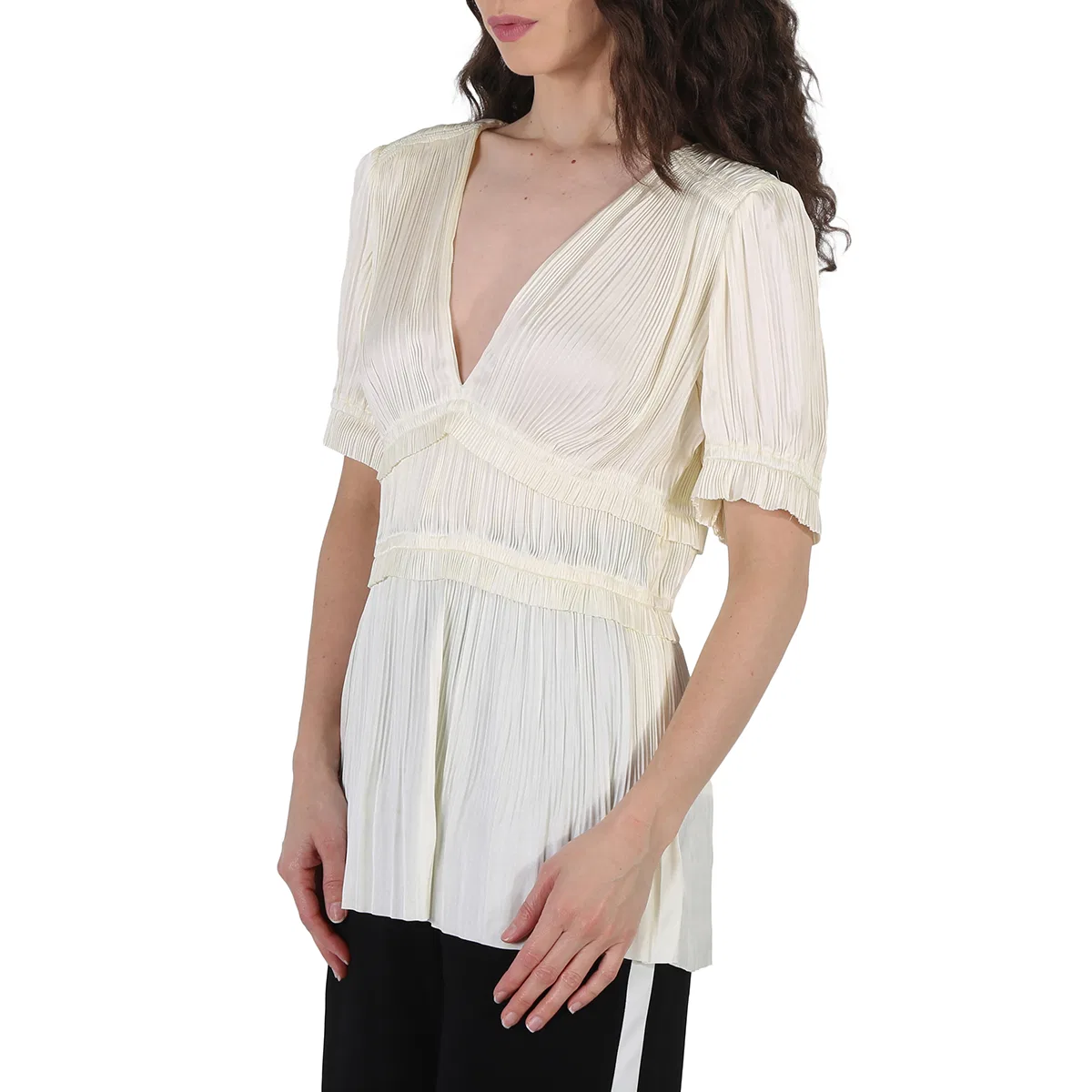 Блуза с V-образным вырезом и коротким рукавом Joclyn Pleat Satin Polo Ralph Lauren, White — фото 3
