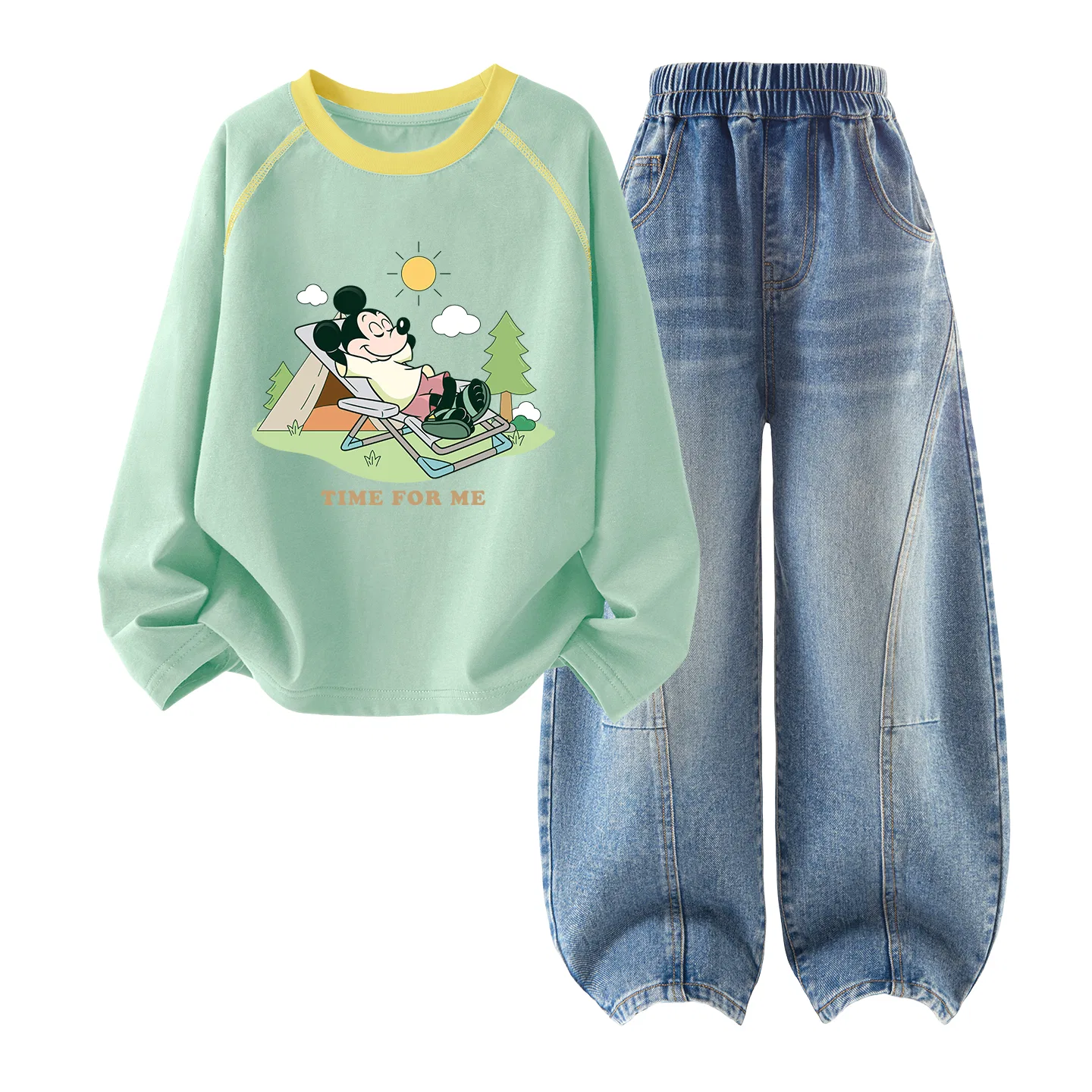 Детский спортивный костюм с принтом Disney Kids Casual Sportswear, Цвет Di Sheng Quan Spring Sprout Green+Solid Color Denim Light Blue — фото 3