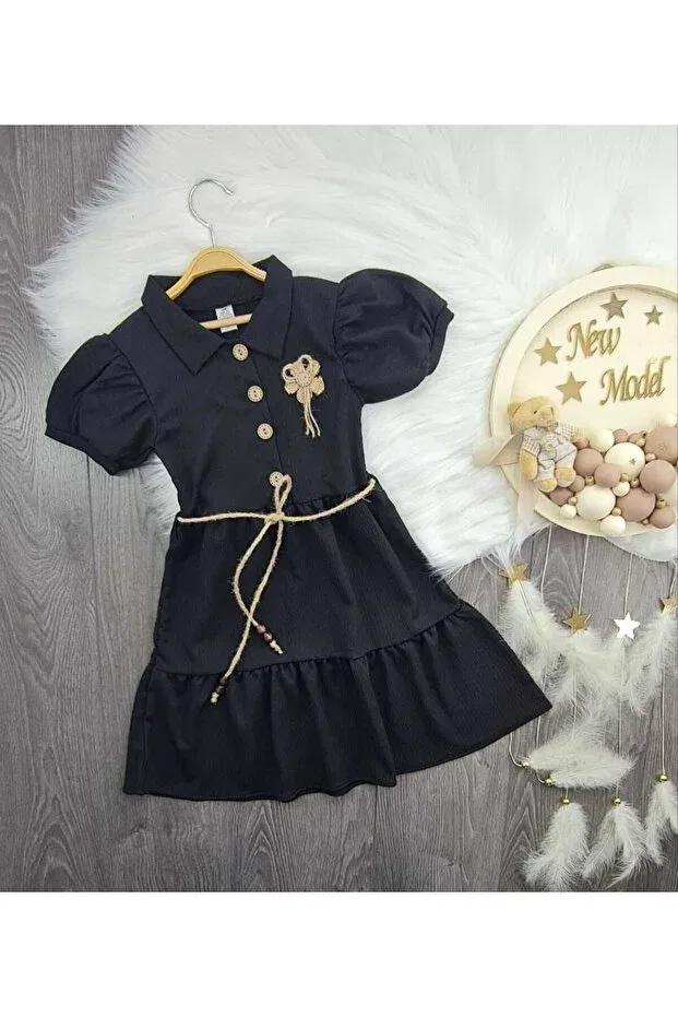 Детское платье для девочек хлопковое Girl'S wooden button dress with brooch and belt - muslin fabric Minitrends, Black — фото 2