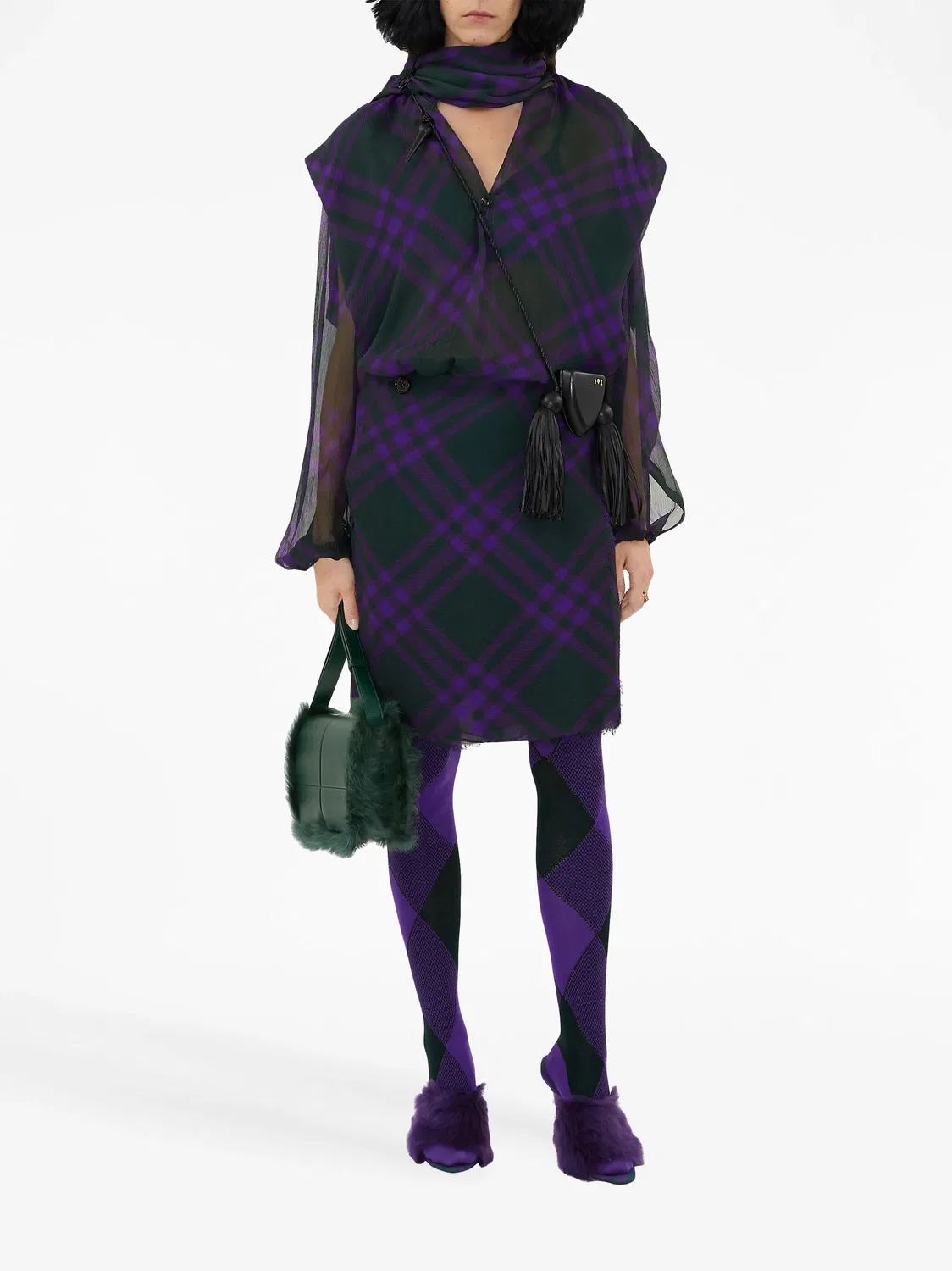 Клетчатая шелковая блузка с платком Burberry, фиолетовый — фото 4