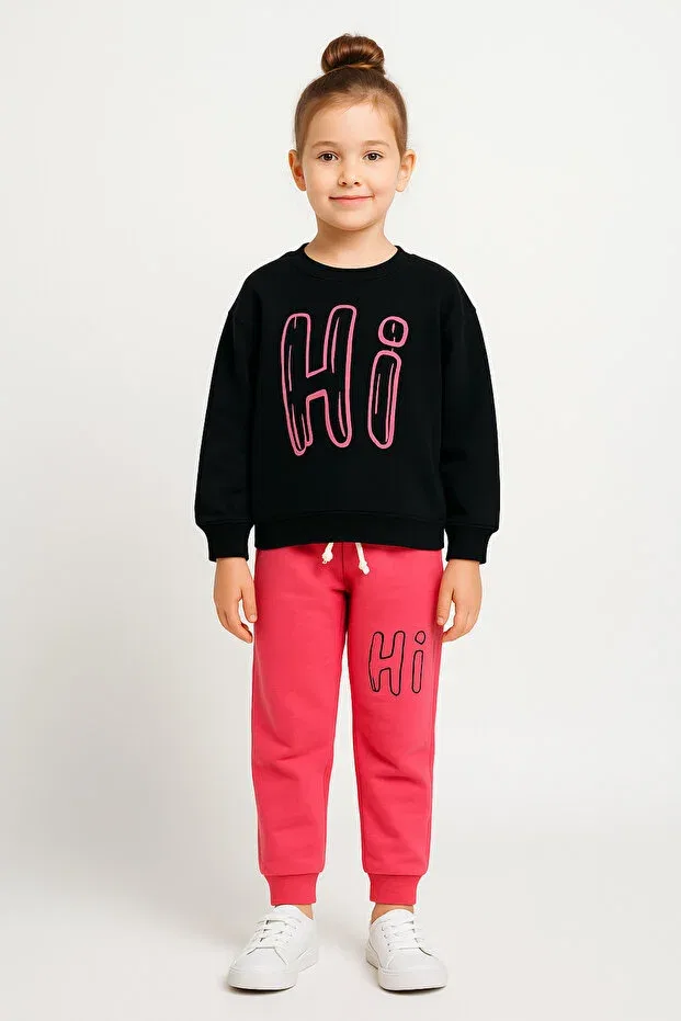 Детский комплект спортивного костюма с принтом Hi Printed Bottom Top Children's Tracksuit Set Littlepoffy, Fuchsia