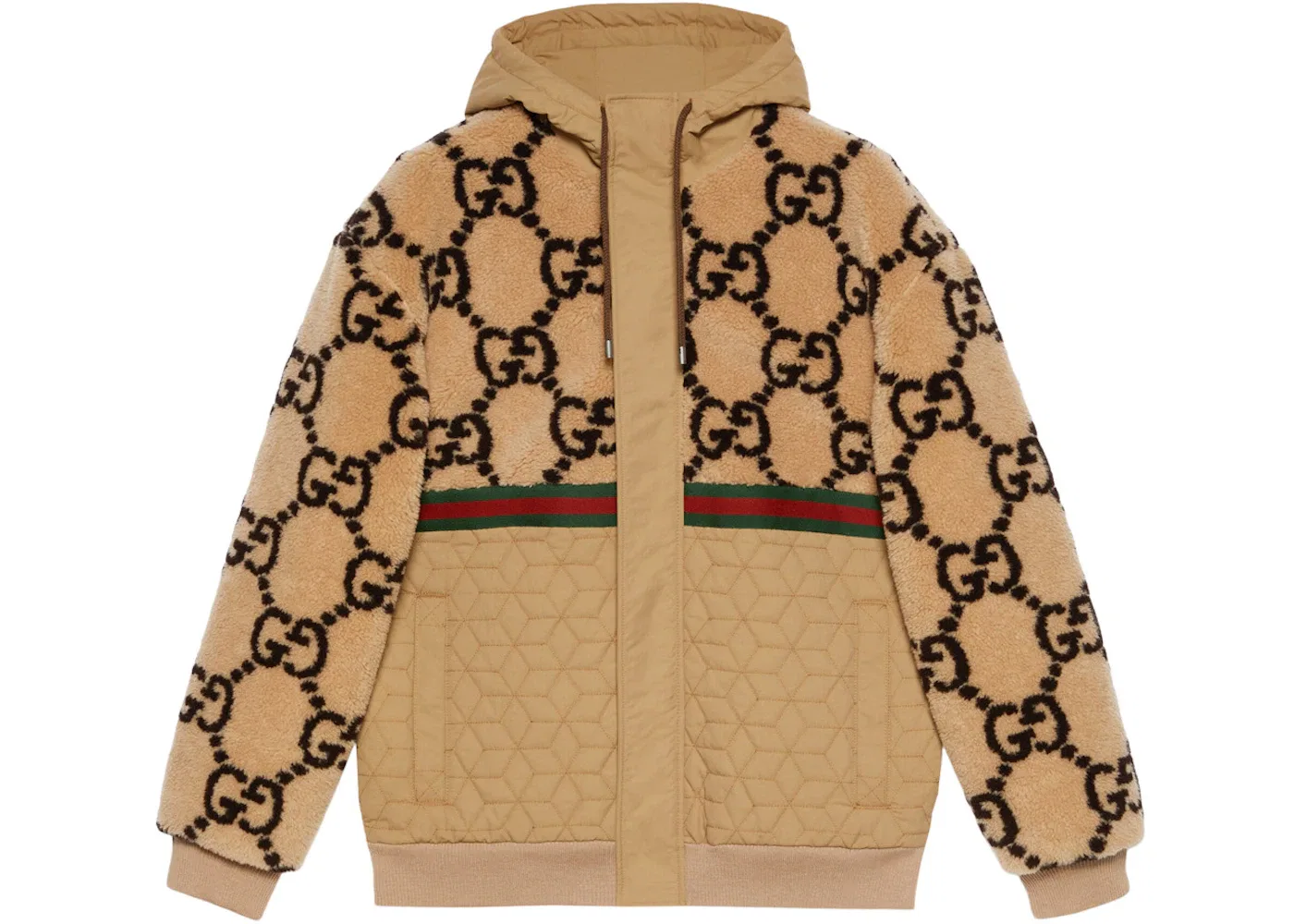Мужская куртка-оверсайз с капюшоном из джерси с жаккардовым узором GG Gucci, Beige/Ebony/Green/Red