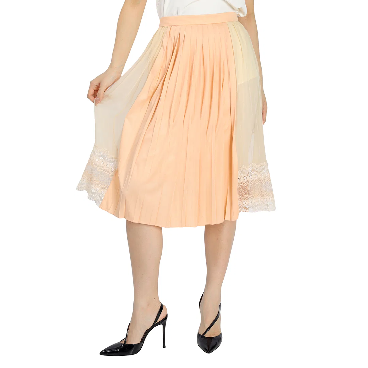 Юбка плиссированная с кружевной отделкой Ladies Lace Detail Silk Soft Peach Skirt Burberry, Soft Peach