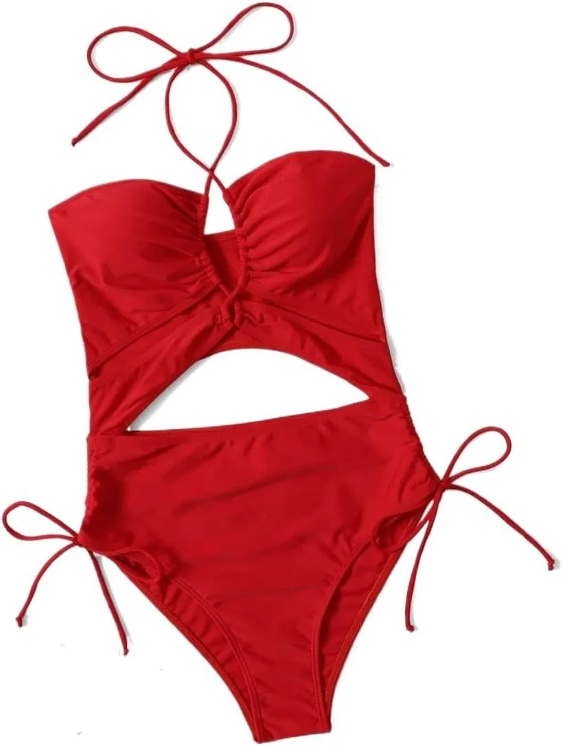 Женский цельный купальник с вырезами и завязками Halter, Red