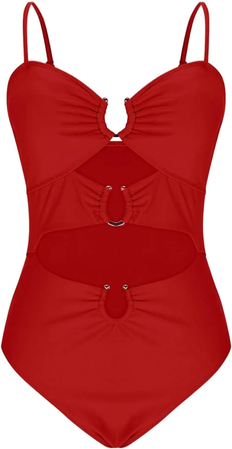 Женский цельный купальник с вырезами и кольцами утягивающий Monokini, Red — фото 3