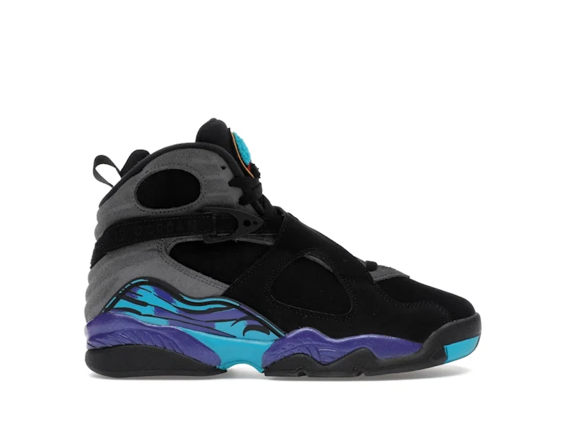 Детские кроссовки с ремешками Jordan 8 Retro Aqua (2025) (GS) Jordan, Black/True Red-Iron Grey-Bright Concord-Aquatone