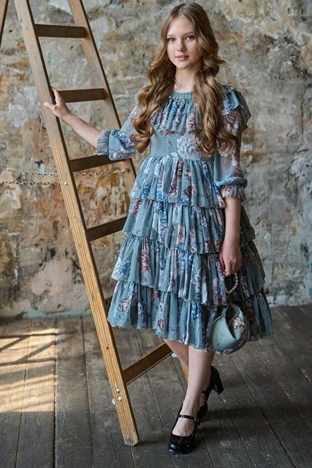 Детское платье для девочек с принтом Rose Patterned Riccotarz, Green