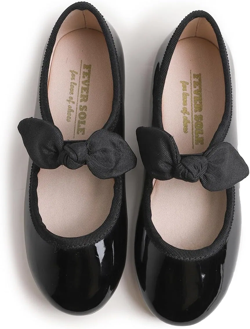 Детские туфли для девочек с пряжкой FEVERSOLE, Patent Bow Elastic Maryjane Black — фото 3