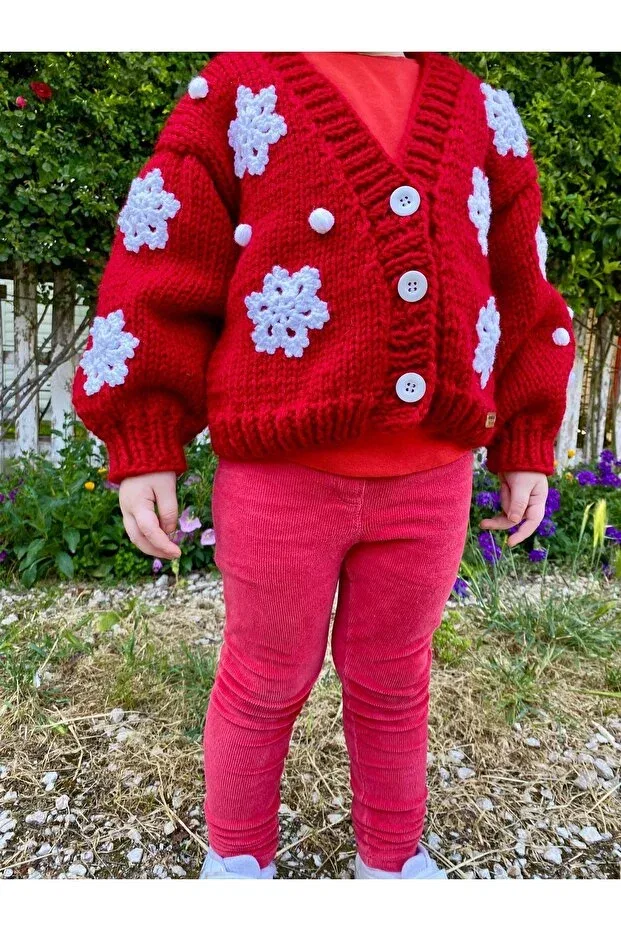 Детский кардиган для девочек с вышивкой Snowflake Detailed Hand Knitted Nevalin, Red — фото 3