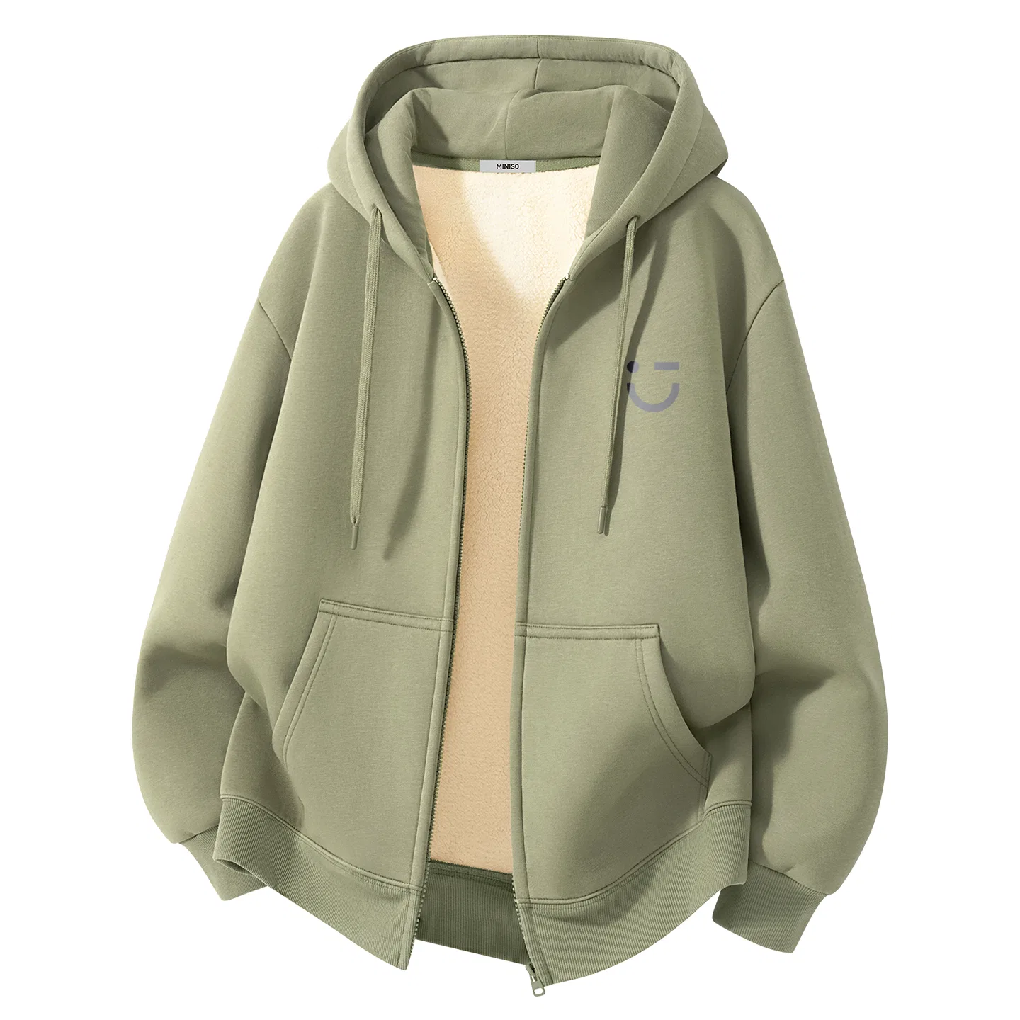 Детский свитшот унисекс с принтом Smiley Face MINISO, Thickened Sherpa Gray Pea Green